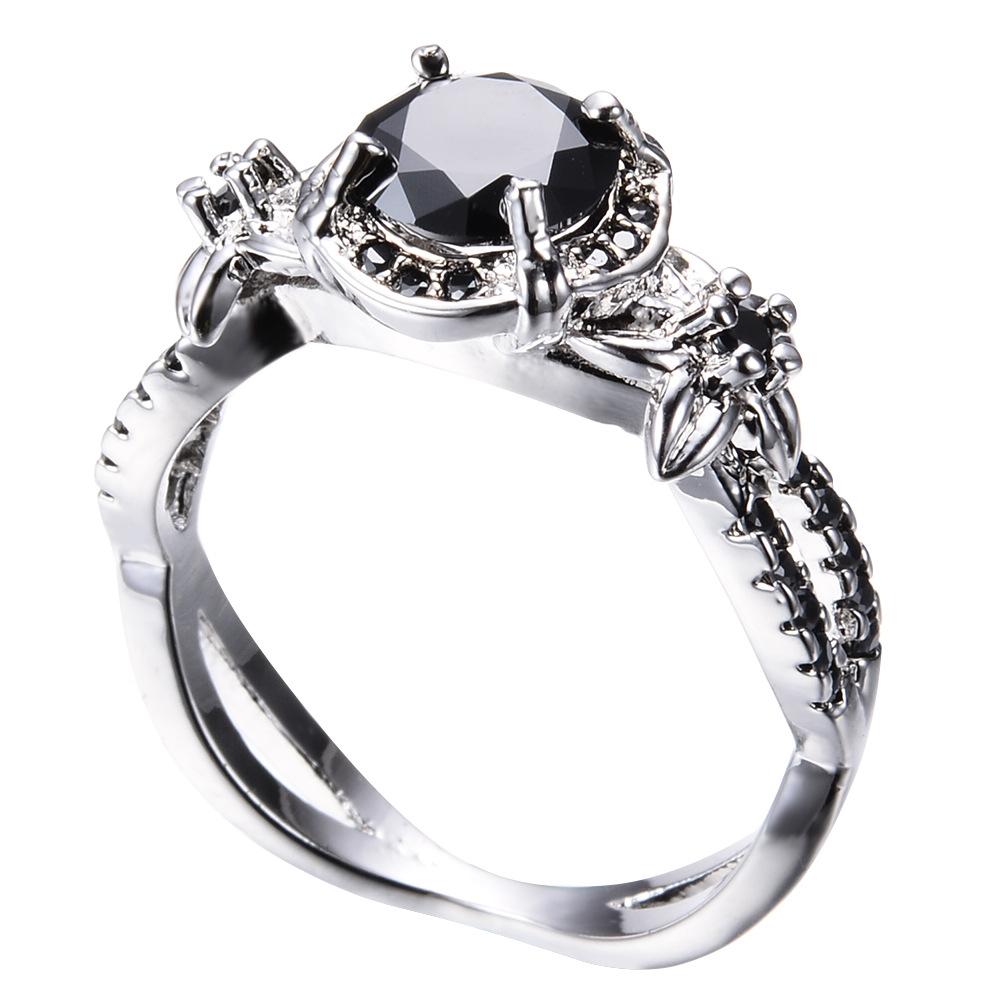 

White gold, black round diamond + small flower ring with edge, black zircon ring, retro with diamonds, punk design. no. 12 срібний