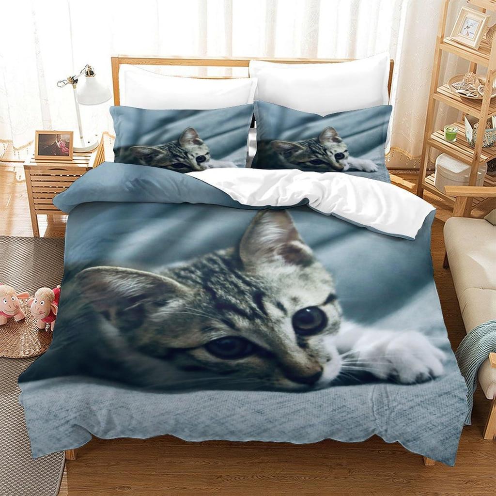 Cat Series Cute Animal 3D Digital Printing Quilt Cover Three-Piece Bedding
