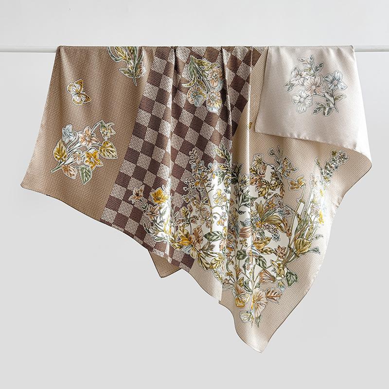 European and American style new flower grid printing silk scarf spring and autumn literary and artistic style atmosphere temperament twill square