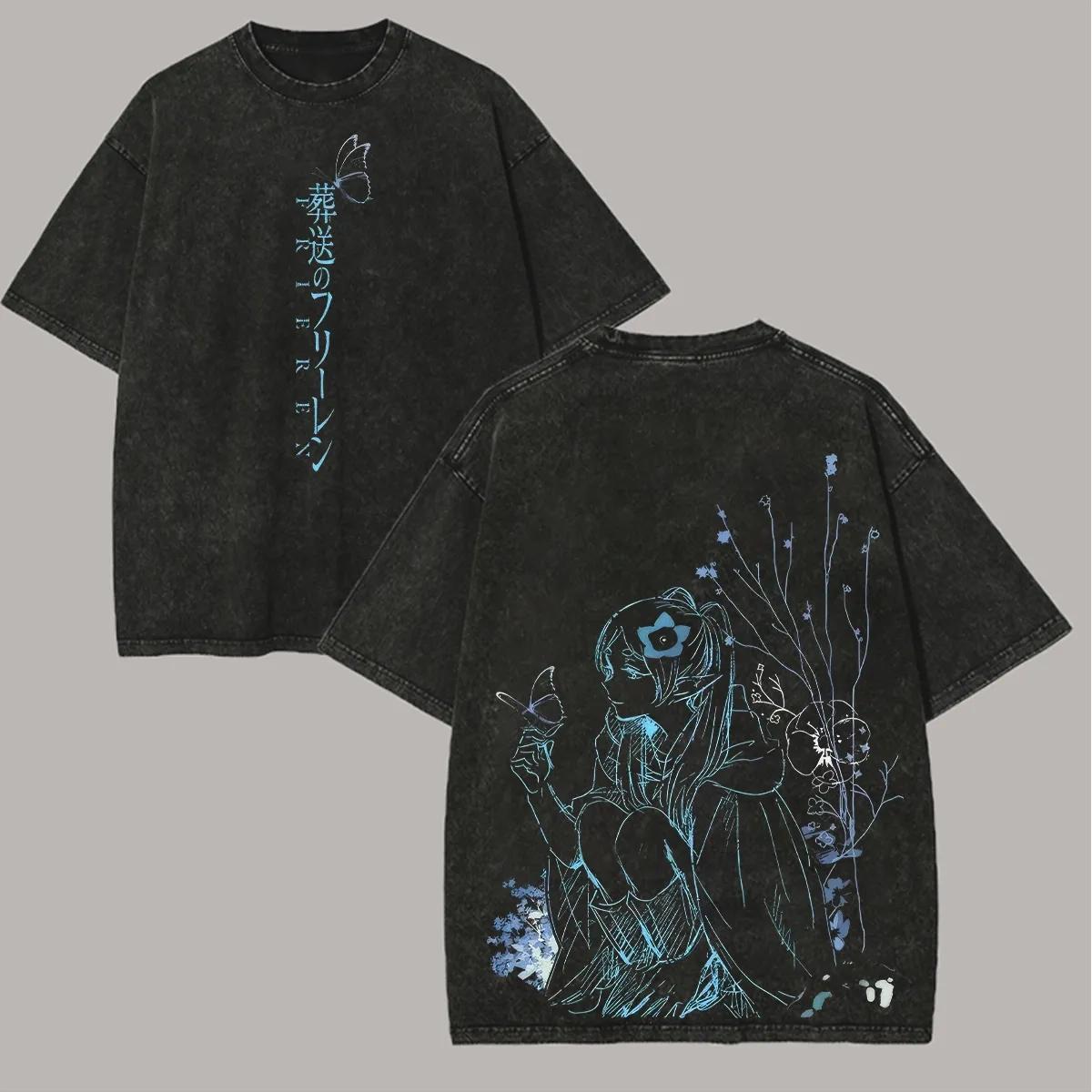 

Anime Frieren Printed T-shirt Vintage Y2k Washed Oversized T Shirt Men Clothing Summer Short Sleeve O-Neck Cotton Tees Tops XXL чорний