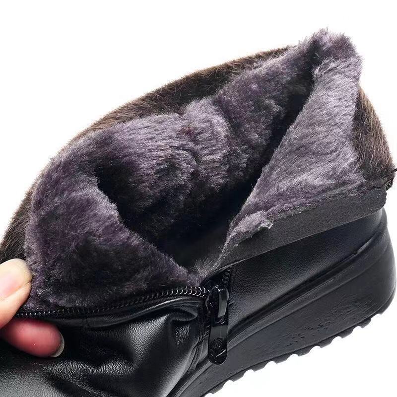 Mom Short Boots Warm and Fleece Flat-bottomed Non-slip Leather Shoes Women's Winter Middle-aged and Elderly Boots Fluffy Elderly Cotton Shoes Flat H