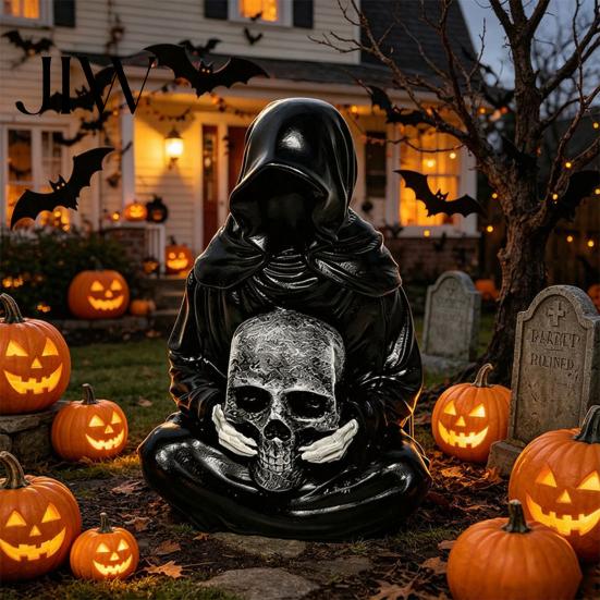 Handcrafted Sculpture for Indoor Tabletop Halloween Skull Light, Spooky Gothic Style Ornament, Waterproof Decorative Light Ornaments Garden Tabletops