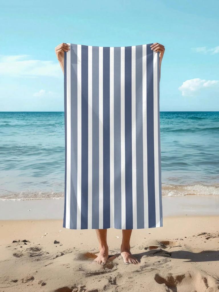 Couple Size Striped Beach Towel, Soft Absorbent Polyester Fabric, Modern Knit Design, Ideal for Travel, Vacation, Pool & Camping