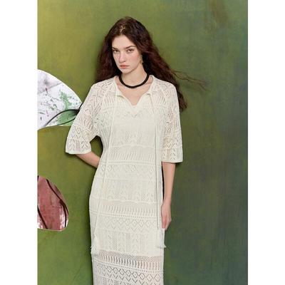 Sancai 2025 Spring Hollow-out Knit Tassel Resort Maxi Dress