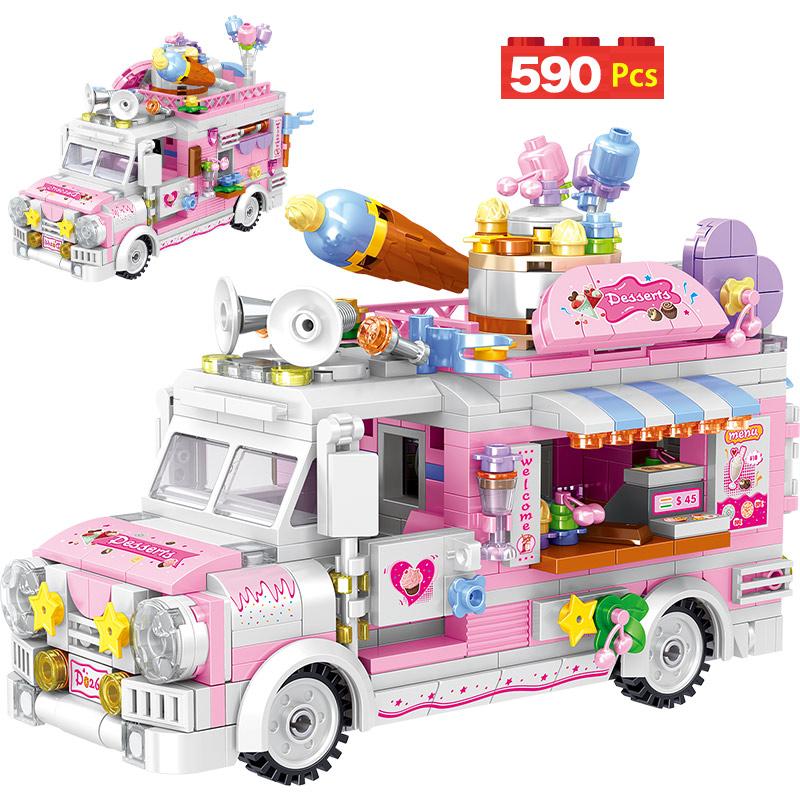 City Street View Ice Cream Car Food Shop Mini Building Blocks Camping Vehicle Friends Bricks DIY Toys for Children Girls