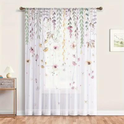 2pcs Watercolor Pastel Floral Vine Sheer Curtain - Romantic Botanical Window Drape for Bedroom