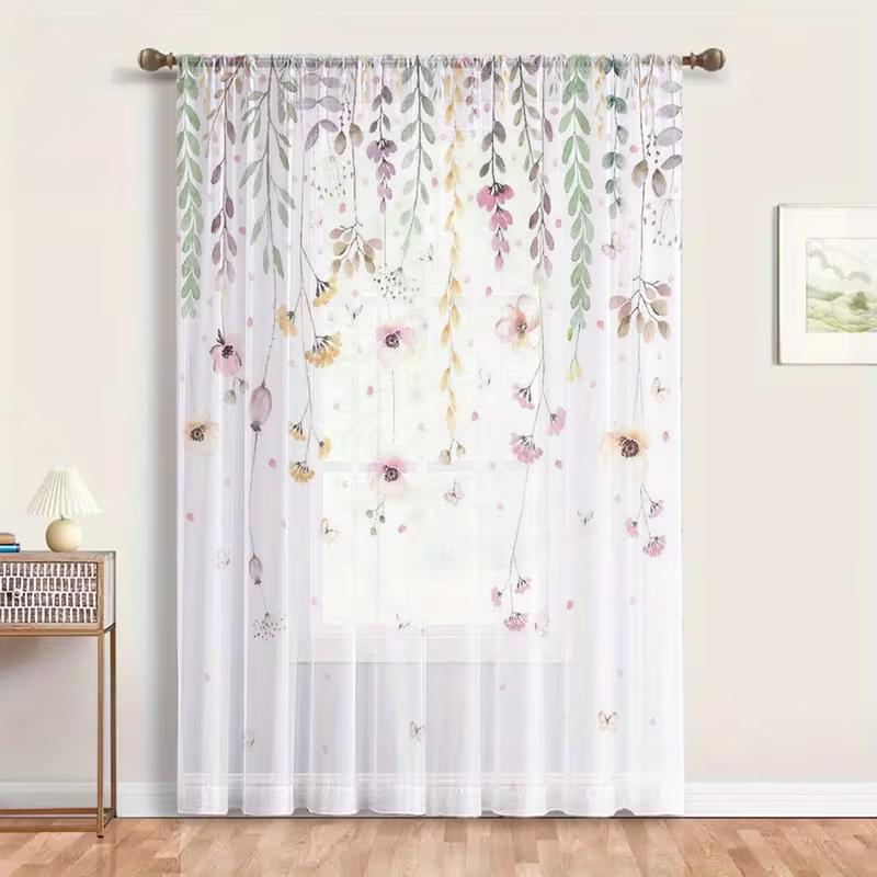 

2pcs Watercolor Pastel Floral Vine Sheer Curtain - Romantic Botanical Window Drape for Bedroom 39Wx51L(100x130CM)&Rod Pocket