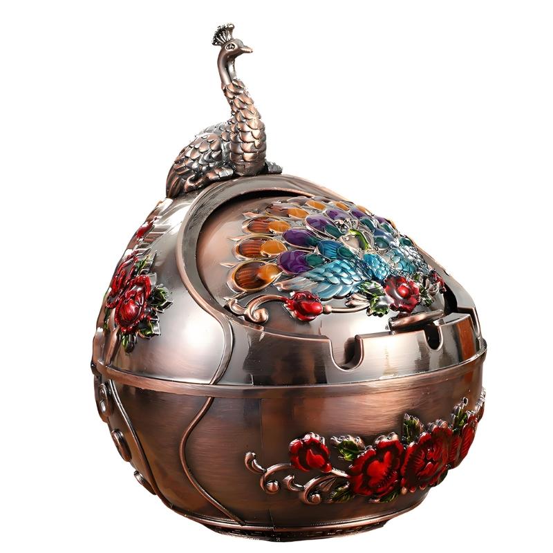 Home Office Ashtray with Covered Opening and Metal Body, Enclosed Bowl Design for Desk Balcony and Patio Use Daily