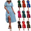 Women's Fashionable Color Summer V Neck Short Sleeved Tied Beach Vacation Dress