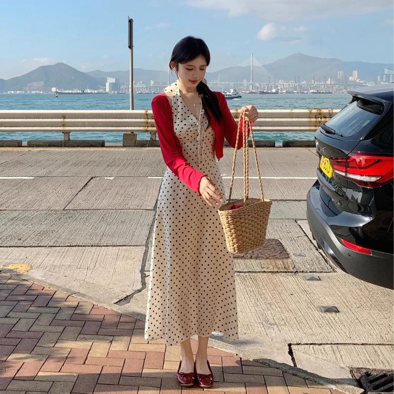 Vintage sweetheart Vneck polka dot neck dress women's summer backless strap sleeveless vest long dress