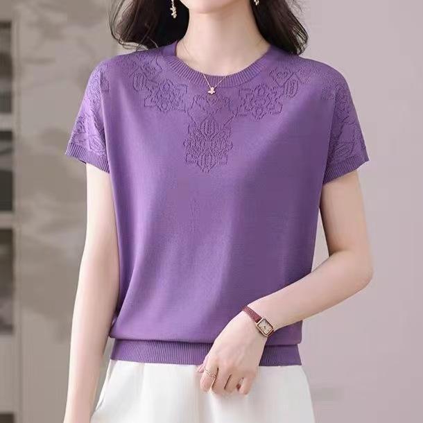 Rundhals Dünnes Lockeres Kurzarm-T-Shirt Damen Eisseide Strickpullover