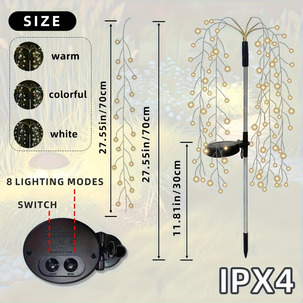 Solar-powered Firecracker Ground Light, 120/200 LED, Colored Light, Suitable for Gardens, Courtyards, Walkways, and Lawns.