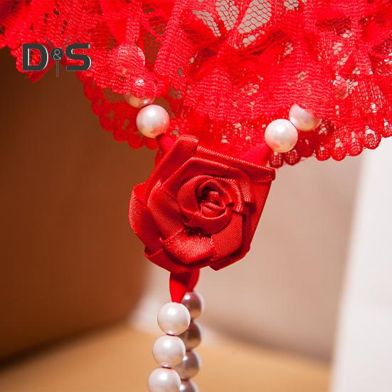 Women G String Thong Faux Pearl Decor Lace Fabric Rose Decor Pornographic Shirring Solid Color Honeymoon Wedding Night Lady Panties