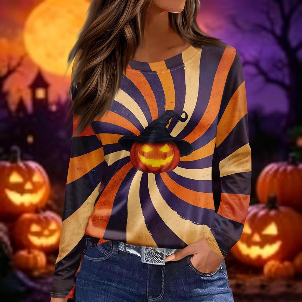Women's Long Sleeve Casual Pullover Top Halloween Pumpkin Print Crew Neck Split Hem Blouse Lightweight Comfortable Fit