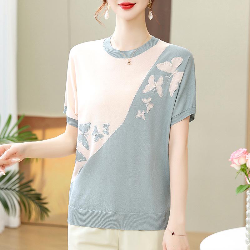 Summer Women's Knit Short-Sleeved Base Layer Top - Stylish for Young Moms & Middle-Aged Women