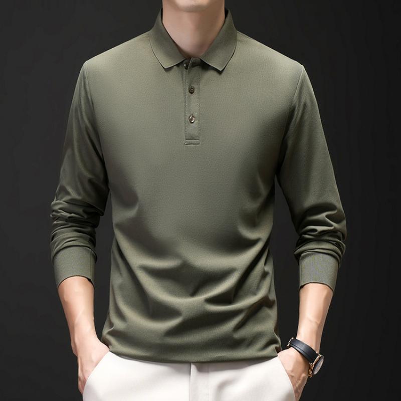 

Модные мужские футболки с длинным рукавом и воротником-поло на осень и весну, мужские однотонные черные и серые деловые футболки, молодежные футболки, мужские однотонные футболки 4XL зелёный