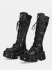 Riemgesp Motorlaarzen Knielengte Rock Punk Ronde Neus Dikke Zool Leer Effen Kleur Sexy Dames Schoenen Nieuw
