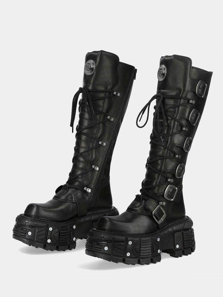 Fibbia Cintura Stivali da Moto Al Ginocchio Rock Punk Punta Rotonda Fondo Spesso Pelle Tinta Unita Scarpe Sexy da Donna Nuove