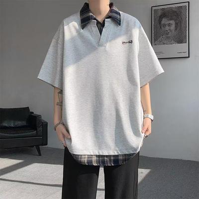 Camiseta Casual Unisex de Verano de Moda Falsa de Dos Piezas de Manga Corta Holgada con Retazos