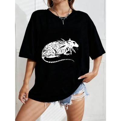 Oversized T Shirt White Rat Print And Text Casual Wear For Women