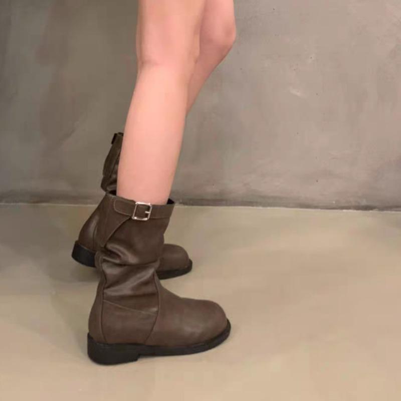 Fall New Block Heel Single Boots Women's Round Toe Sleeve Metal Belt Buckle Soft Sole Non-slip Mid-leg Boots