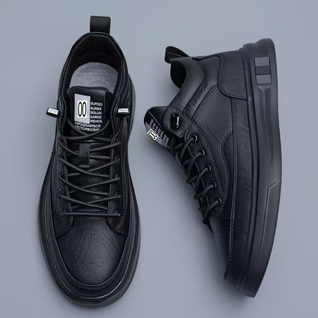 Waterproof Black Leather Lace-up Casual Men's Board Shoes: Trendy, Versatile, Comfortable.