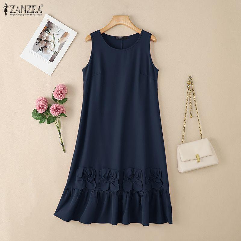 ZANZEA Women Casual Round Neck Summer Sleeveless Dress
