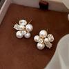 French Elegant Pearl Zircon Splicing Flower Stud Earrings 2026 New Design Party Jewelry Elegant Accessories for Women and Girls
