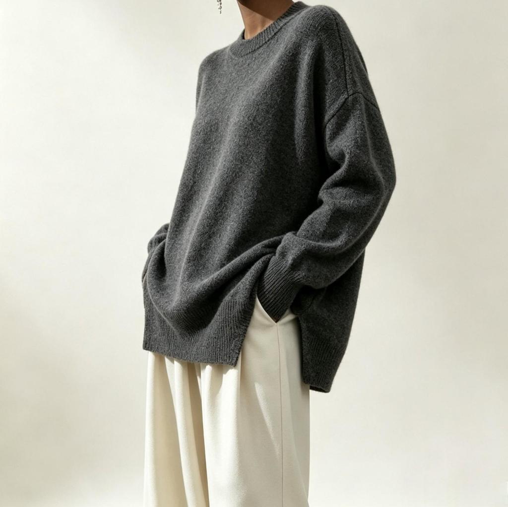 Women's Plus Size Round Neck Knit Sweater - Autumn/Winter 2026 Collection, Solid Color, Loose Fit, Side Split Pullover