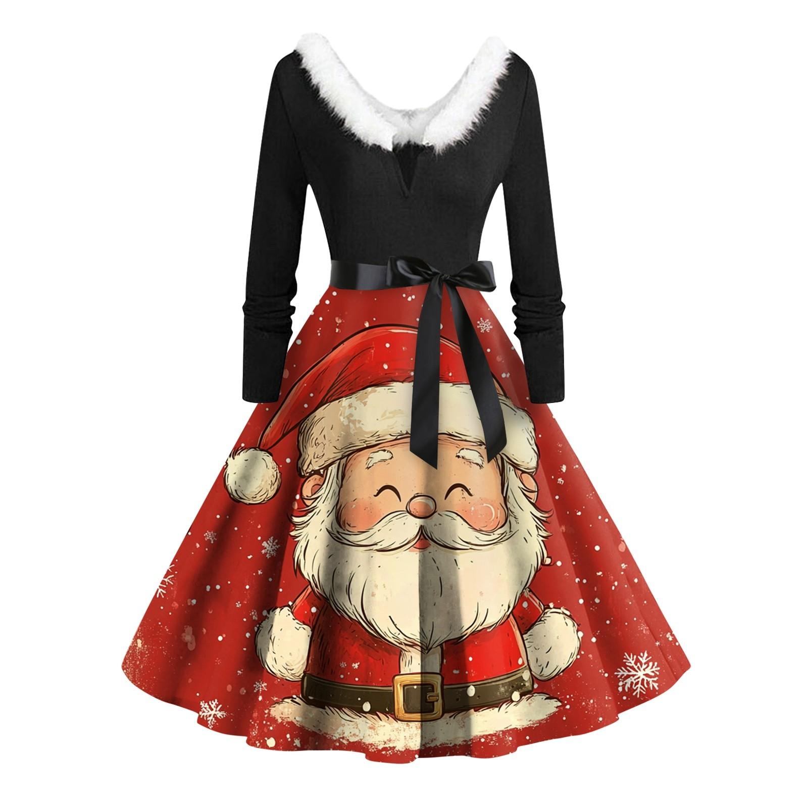 

Женское винтажное платье с длинным рукавом и рождественским принтом в стиле 1950-х годов для вечеринки, выпускного вечера, для домохозяйки XL винный