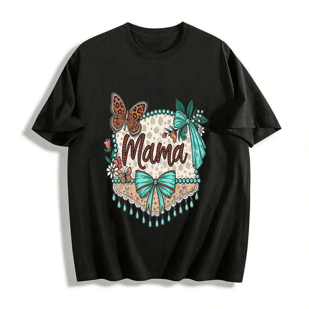 

Vintage Mama Print Butterfly Bow Decor Casual Top Pure cotton T-shirt XXS