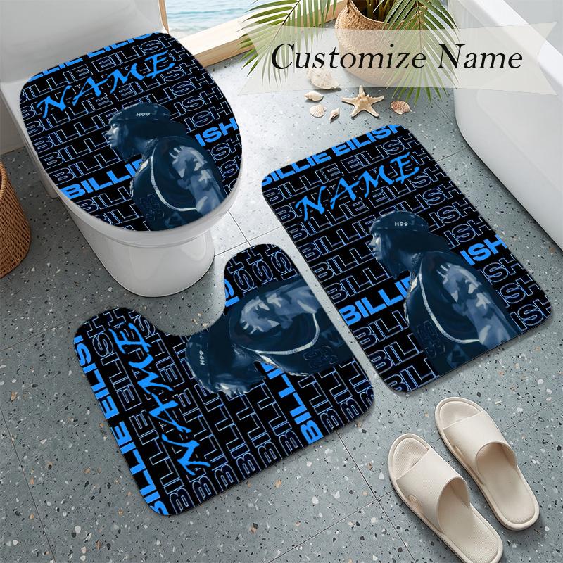 Billie eilish (5) Custom name Flannel Toilet 3 Piece Set Soft Bathroom Rug Toilet Seat Cover for Bathroom Home Decor