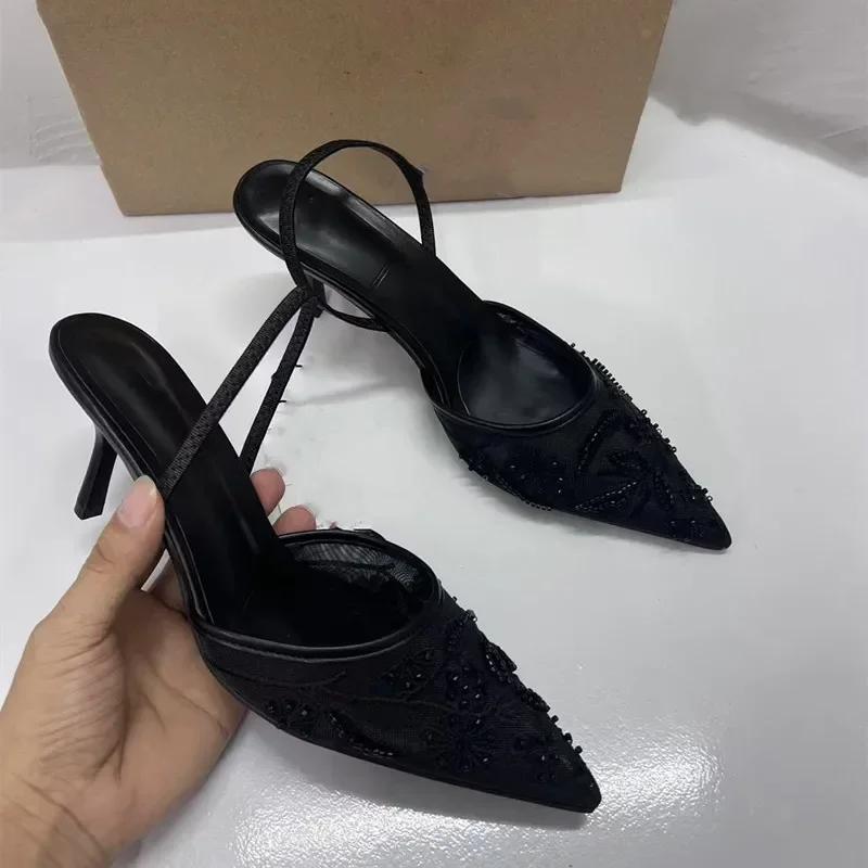 Fashion 2025 New Black Woman Embroidered Mesh Open Heel Shoes Fashion Print Stiletto Women High-heel Pumps Sexy Pointed End Sandals