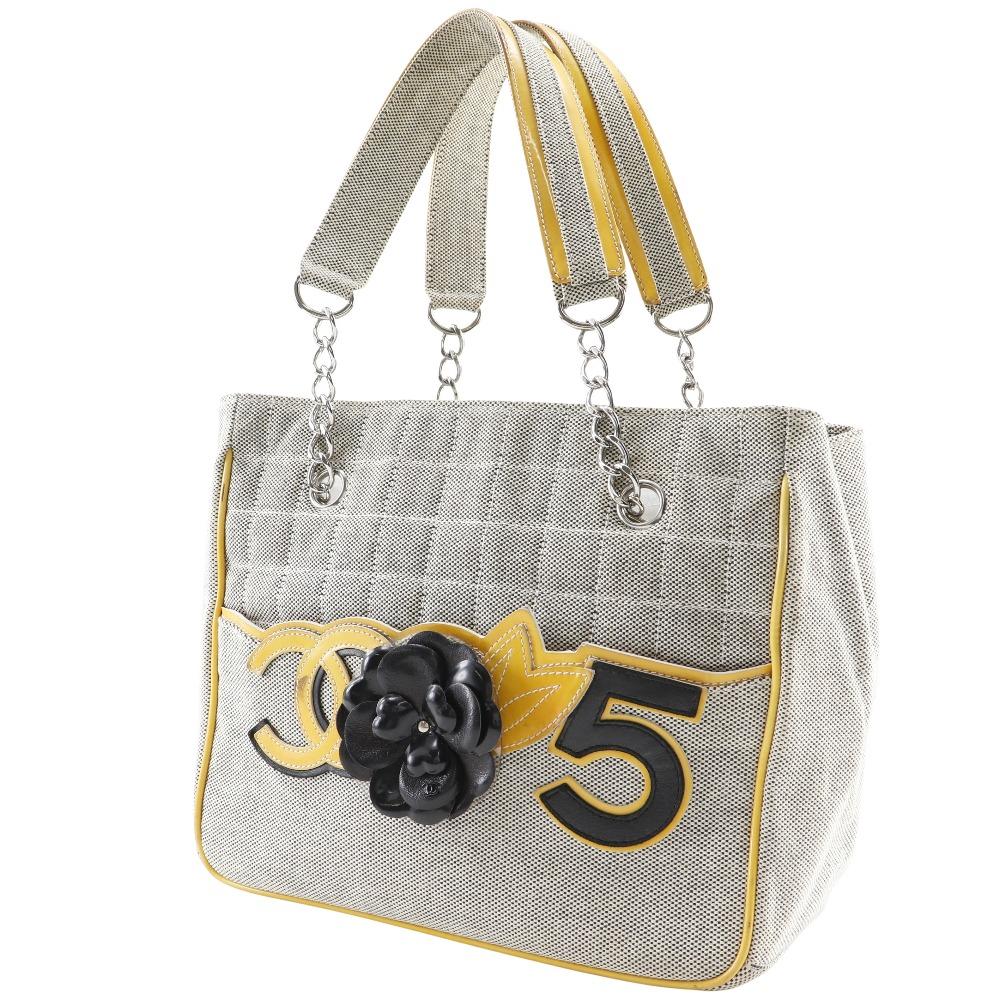 Chanel Camellia NO5 Tote Bag Chocolate Bar Chain Tote Gray/yellow Canvas Women Used