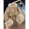 Elegant 2026-style Women's Wool Coat with Fur Collar, Thickened Spliced Design, Waist-Cinching, Perfect for Early Winter.
