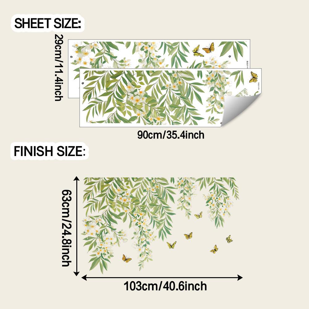 Fresh Green Leaves, Tree Branches, Small White Flower Butterflies, Living Room Home Wall Background Beautification Wall Stickers