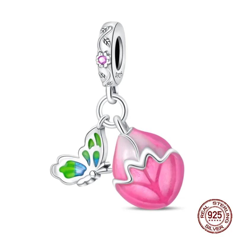 Copper Cute Pink Flowers Heart Pendant Beads Fit 4Mm Hole Diamete Charm Bracelet For Women Diy Jewelry Making Gift