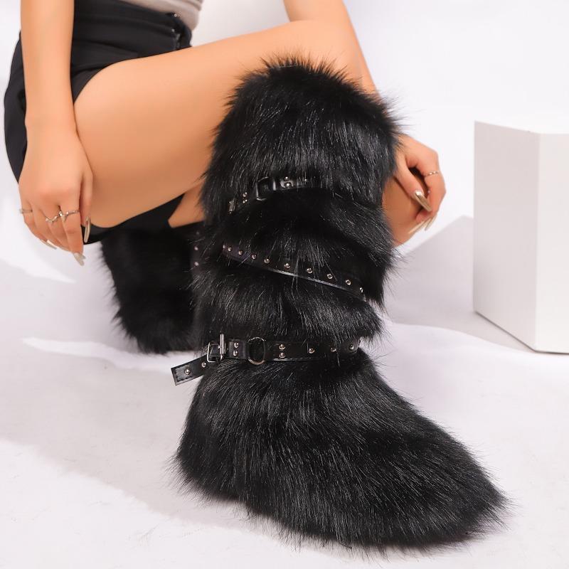 Y2K Spice Girls Sexy Tall Snow Boots New Cross Belt Buckle Fur Fluffy Boots