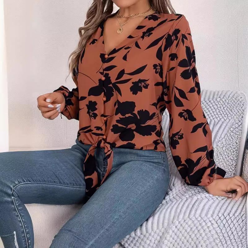 Ladies Autumn Winter Shirt Elegant Contrasting Flower Lantern Sleeve Lapel Blouses Fashion Casual Women's Top
