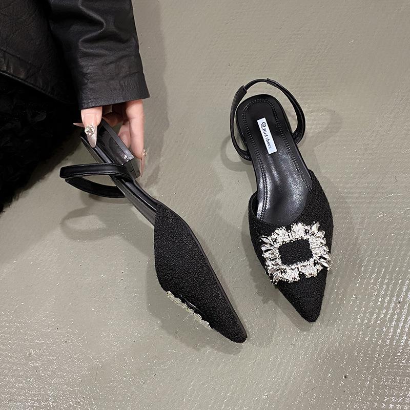 Flat-bottomed French black, fairy rhinestone bag head sandals, spring and summer new Xiaoxiangfeng pointed head girl