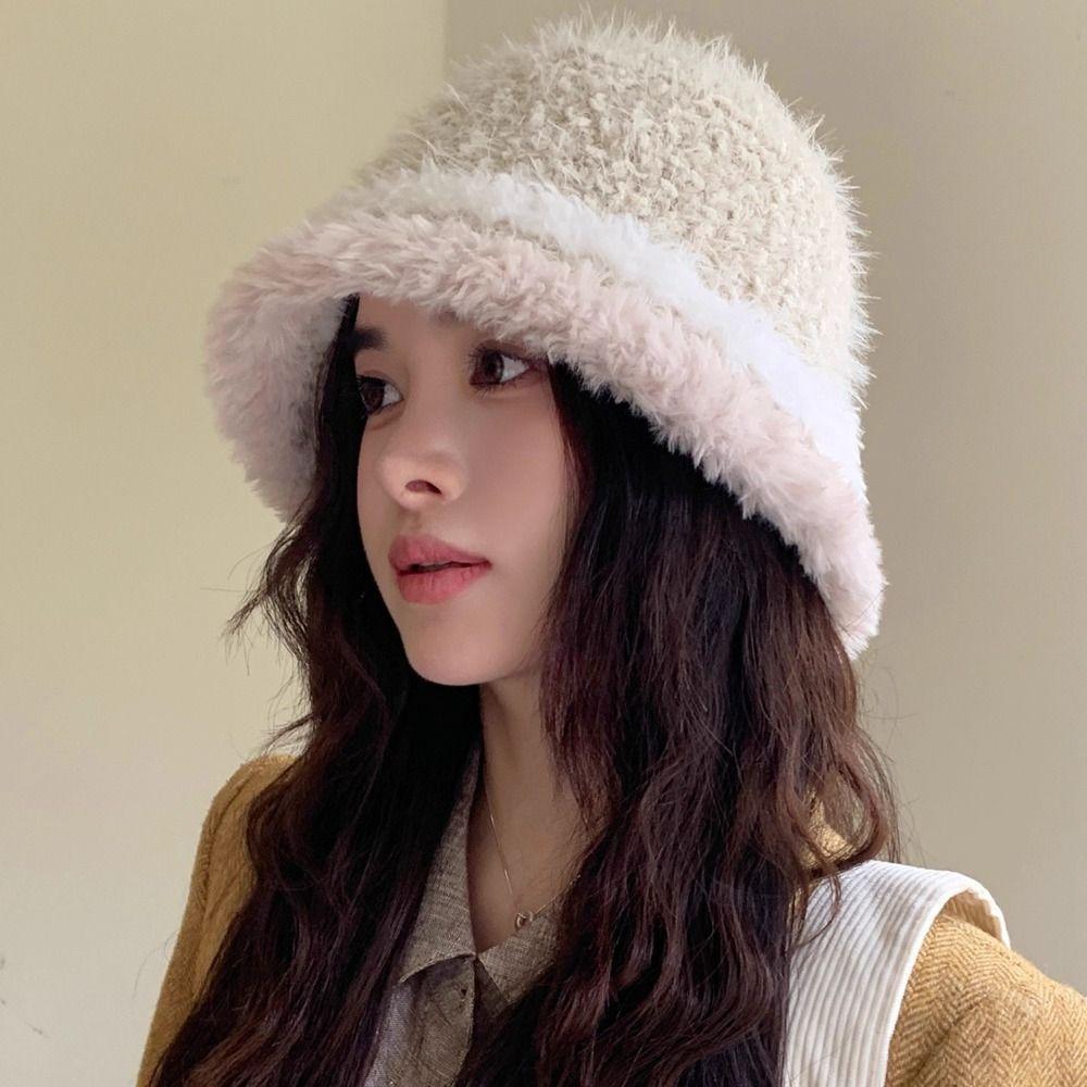 Polyester Fuzzy Fleece Bucket Hat 55cm To 59cm Head Circumference Cold Proof Basin Hat For Women