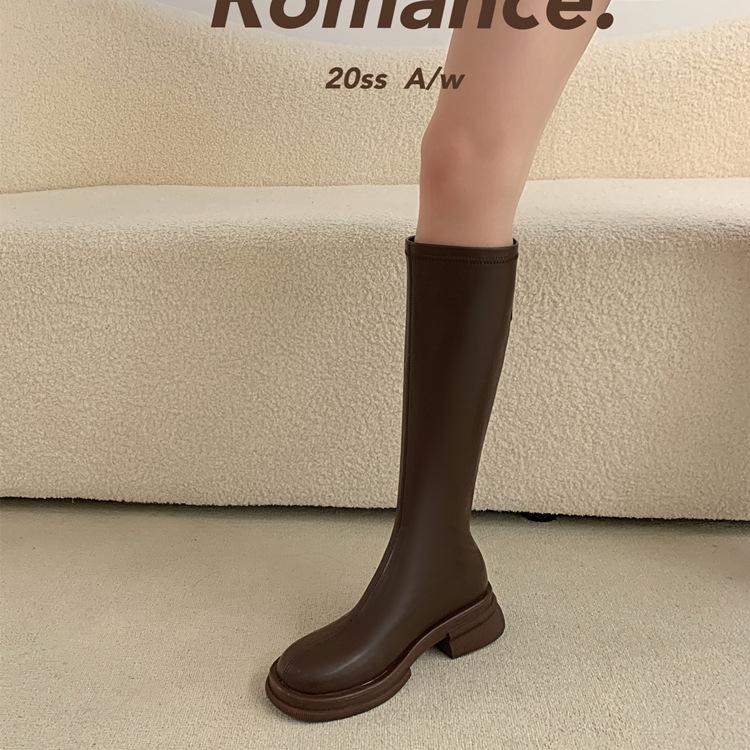Strong push~! Huge and thin! ins retro brown round head thick-soled medium heel high boots elastic boots