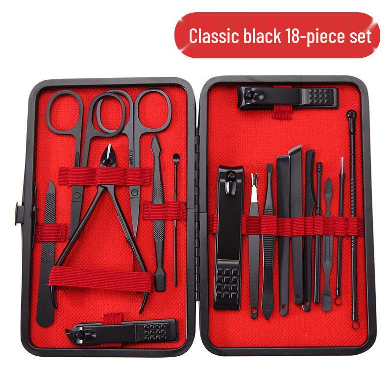 24-Piece Manicure Set: Black and Red Nails, Ear Pick, Oblique Clippers, Nose Hair Scissors, Tweezers