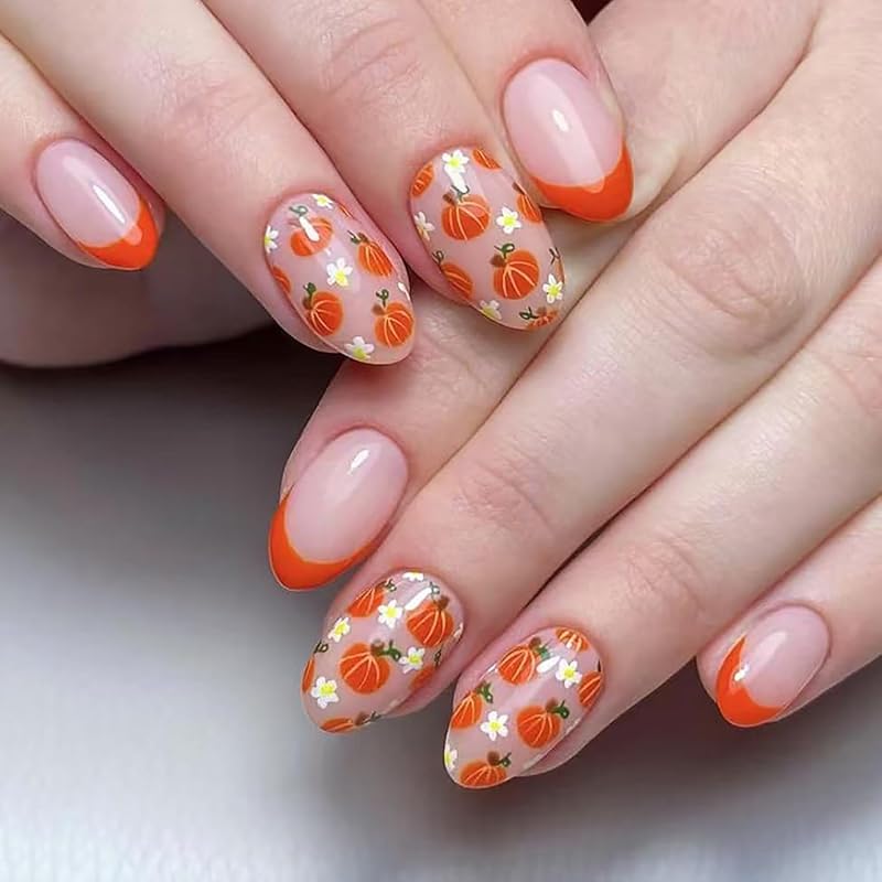 24Pcs Fall Press on Nails Medium Square Fake Nails with Autumn Leaves Designs Red Autumn Maple Leaf False Nail Thanksgiving Acrylic Nails Kit Red