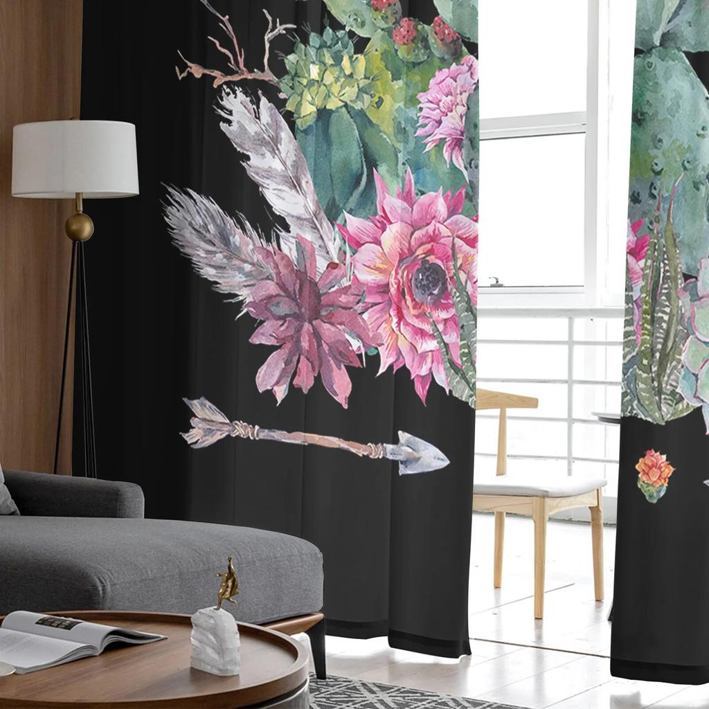 Black Background Cactus Tulle Curtains Balcony Room Fashion Printed Sheer Curtain Living Room Window Modern Decor