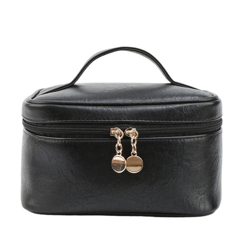 New Leather Portable Makeup Case Decorative Zipper Handle Multiple Compartments Travel Skincare Toiletries Storage Bag Fashi