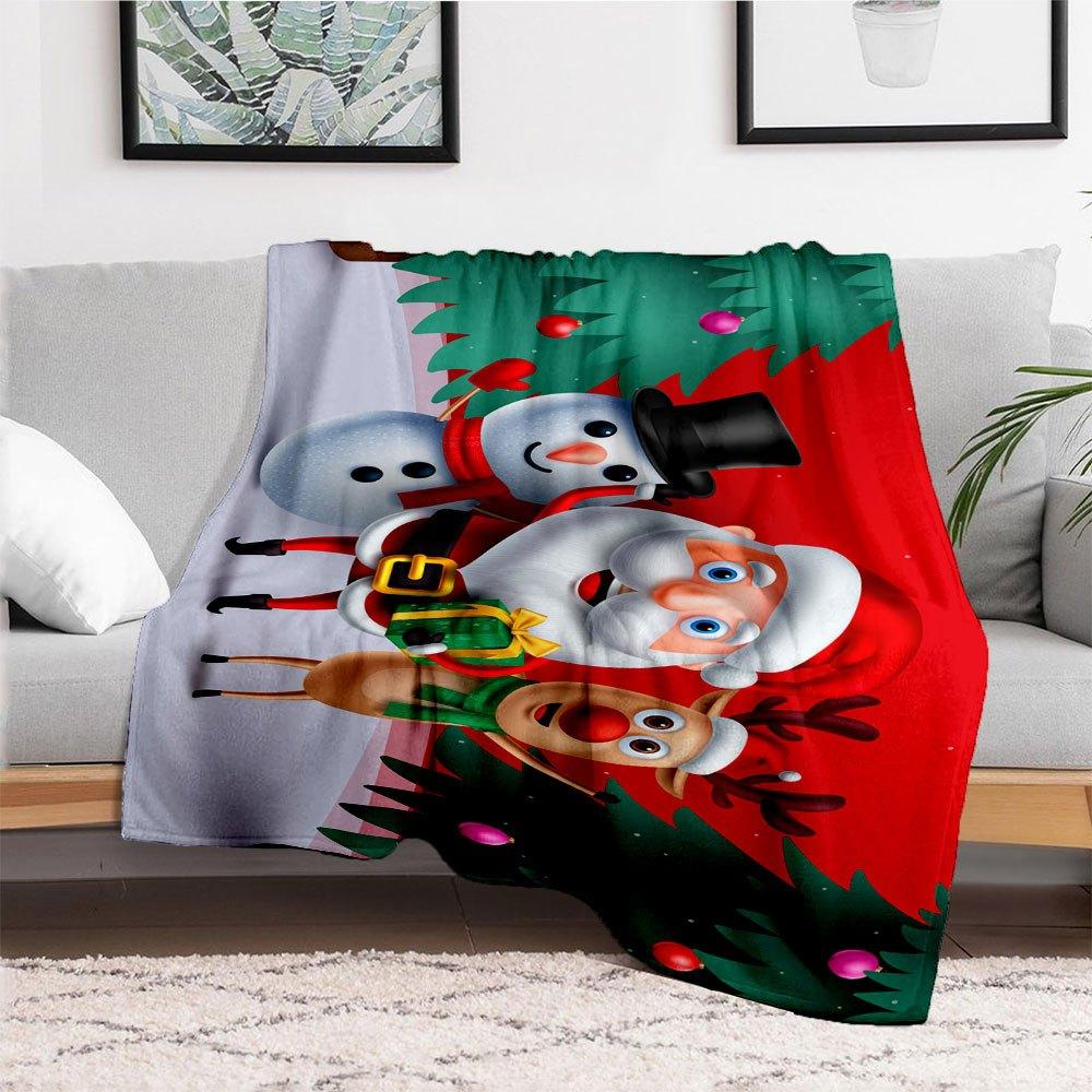 Christmas Santa Claus Snowman Reindeer Greeting CardBlanket Flannel Throw Blanket for Sofa, Bed, Travel, Camping, Office, Couch, Chair, And