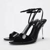 Luxury Black Patent Leather Ankle Strap  Heeled Sandals Women Sexy Open Toe Elegant Heels Fashion Stiletto Dress Pumps