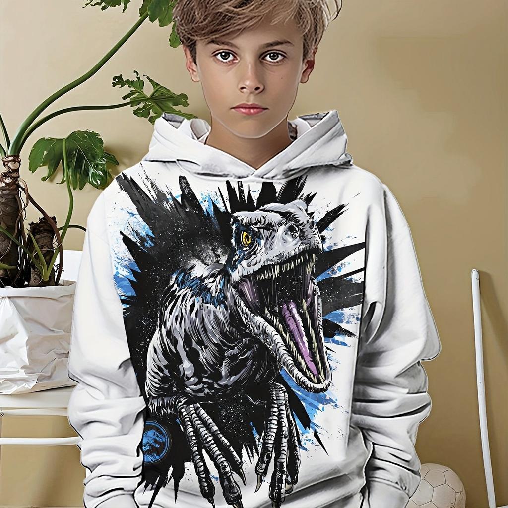 Boy Dinosaur Hoodie with Tyrannosaurus Rex and Velociraptor Patterns - Durable Digital Dinosaur Pattern