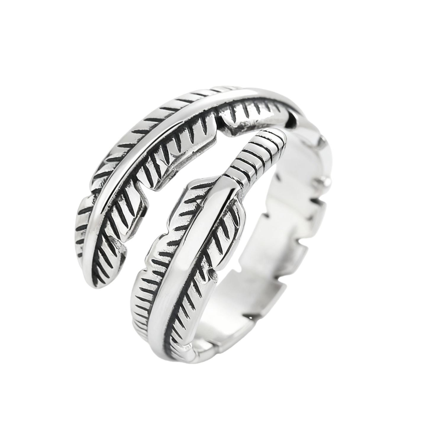 Unisex Retro Distressed Feather Ring - Adjustable Thai Silver, European-American Style Adjustable Open